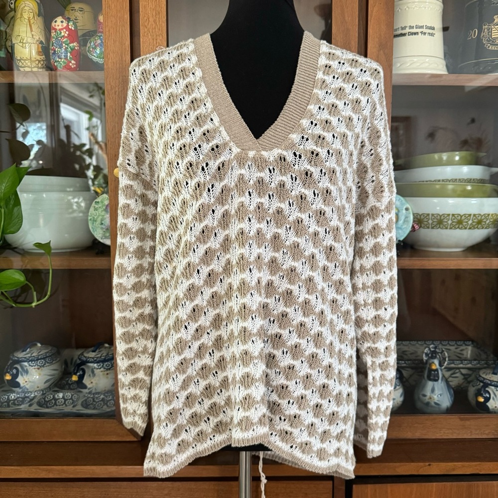 Relais Tan & Cream Striped Hooded V-Neck Sweater